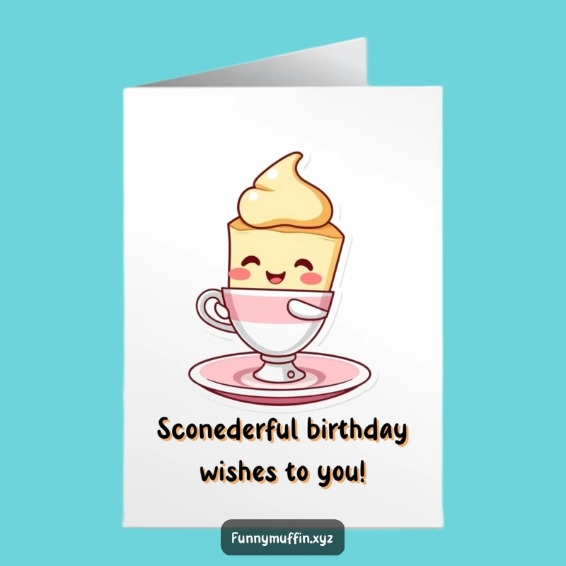 Free Printable Birthday Card: Funny Scone Character Teetering with Delightful Tea!