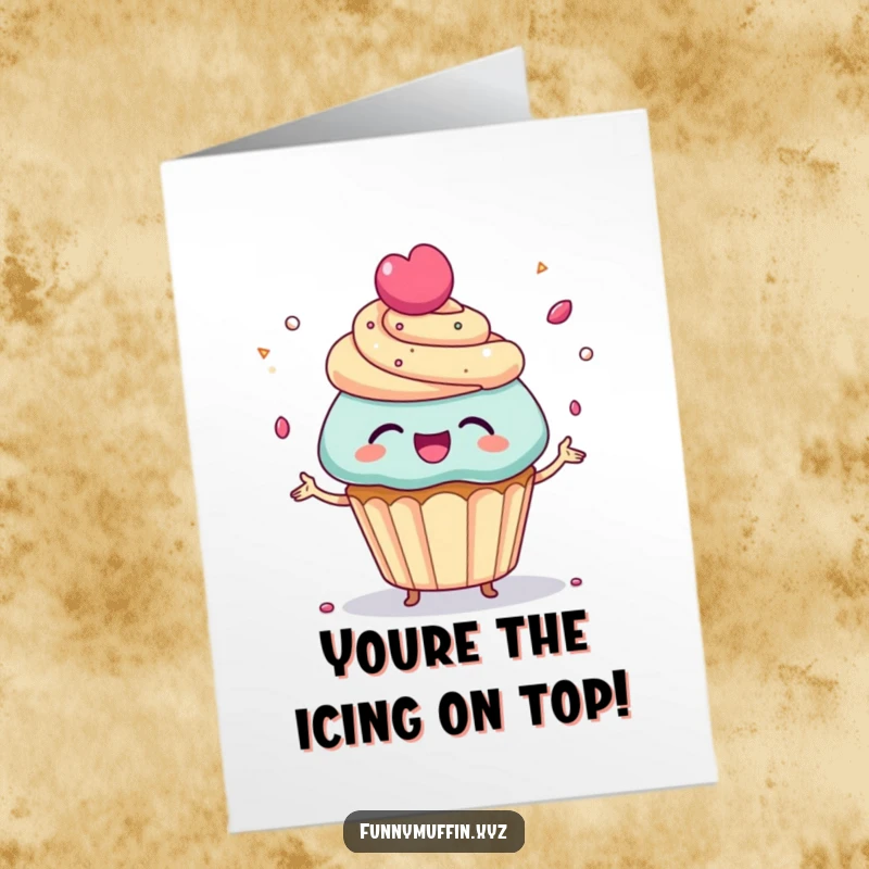 Funny Free Printable Congrats Card: A delighted cupcake juggles candy sprinkles, perfectly capturing the fun of a big achievement.