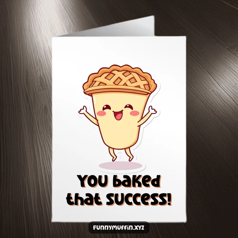 Funny Free Printable Congratulations Card showing a cheerful pie character in a playful shimmy, spreading good vibes.