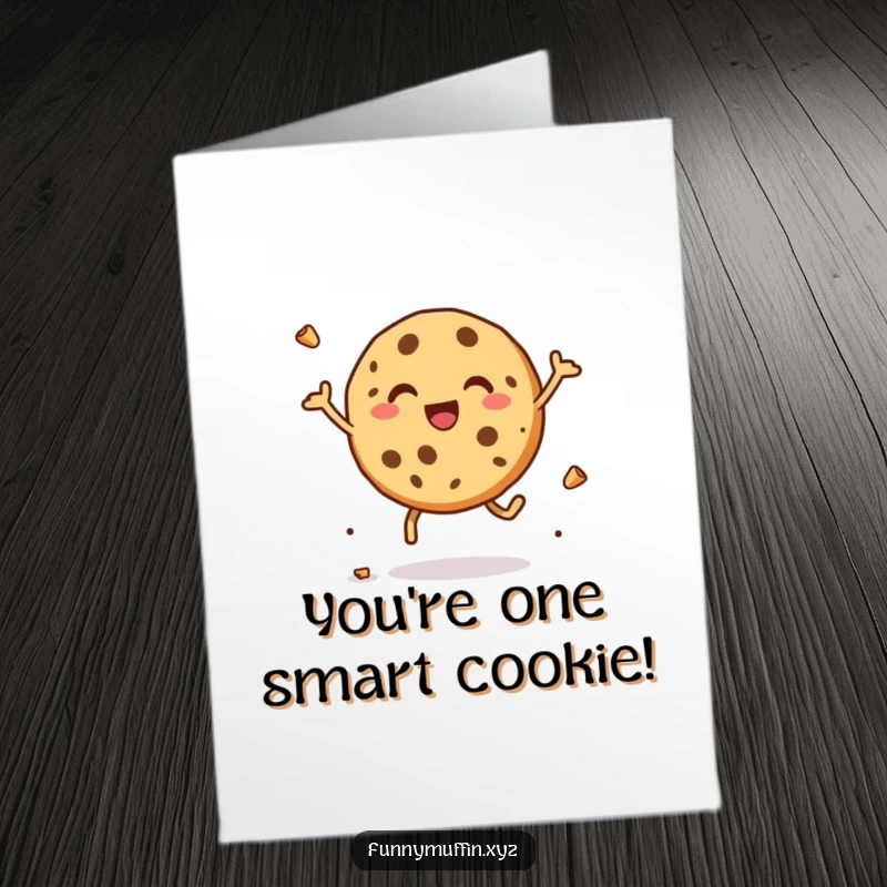 Funny Free Printable Congratulations Card: A delighted cookie character leaping with joy, scattering crumbs to mark success.