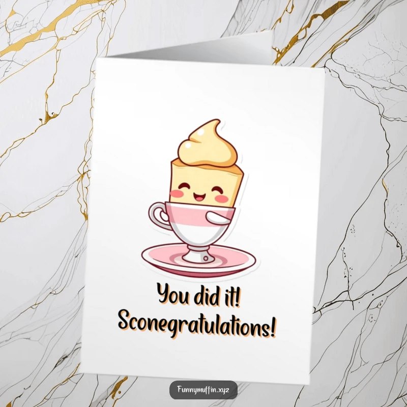 Funny Free Printable Congrats Card: A cheerful scone character triumphantly balancing a teacup and saucer, celebrating a win.