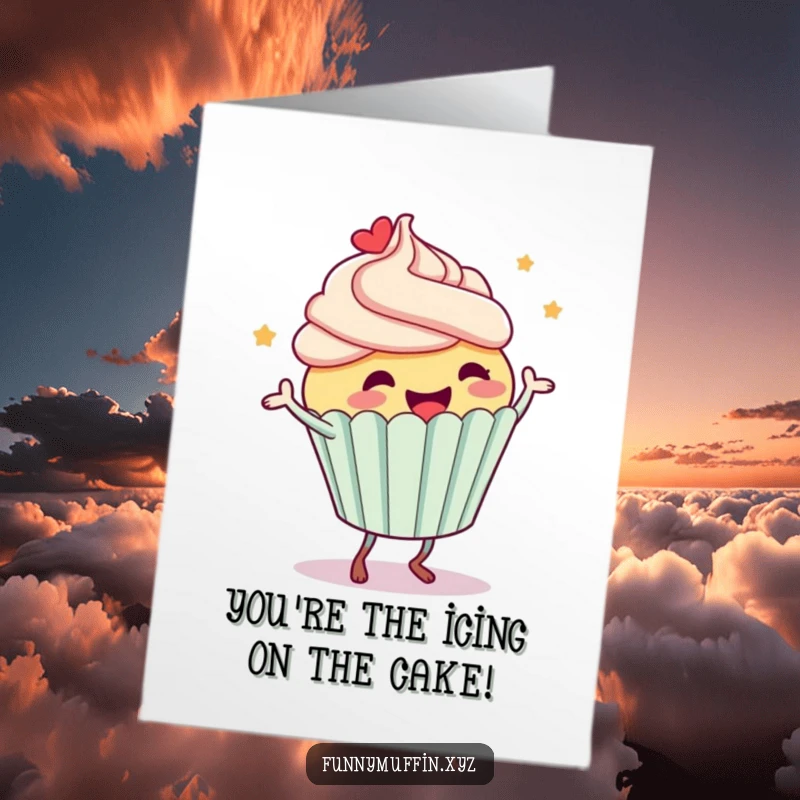 Funny Free Printable Congratulations Card: A happy cupcake character with frosting flying off, celebrating success with a dance.