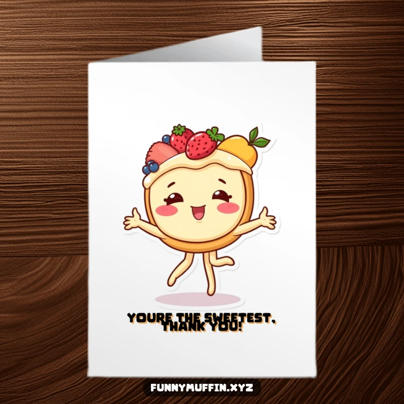 Free Printable Thank You Card showing a cheerful tart character doing a cartwheel, conveying thanks with fruity flair.