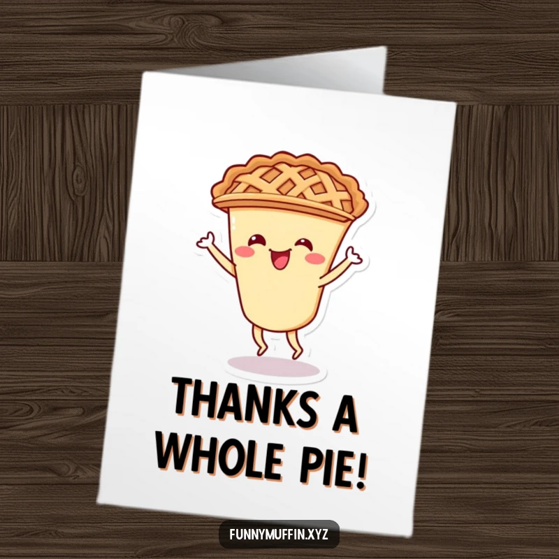 Funny Free Printable Thank You Card featuring a happy pie character with a lattice crust doing a delightful shimmy.