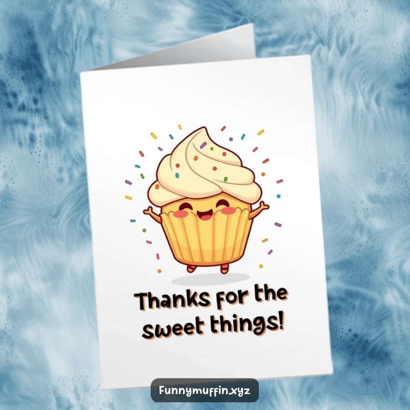 Funny Free Printable Thank You Card: A cheerful muffin character spins with sprinkles flying, showing thanks.