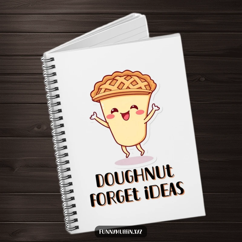 Funny notebook with a cheerful pie character and lattice crust doing a happy shimmy, ideal for creative thoughts.