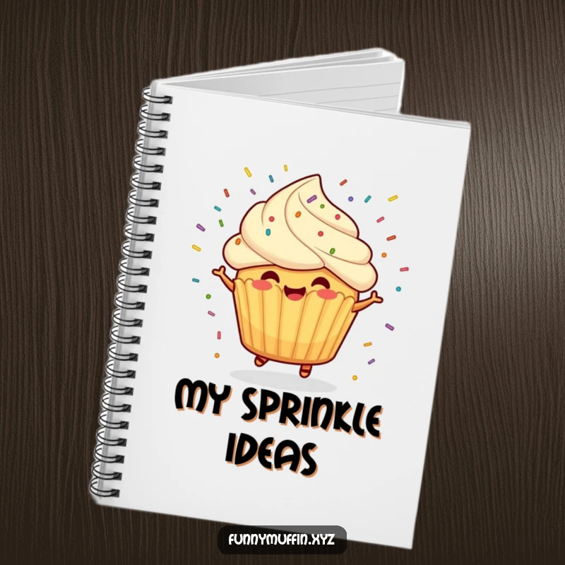 Funny notebook adorned with a cheerful muffin character spinning with sprinkles flying, perfect for notes and doodles.