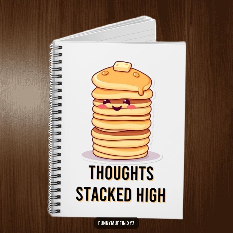Funny notebook with a smiling pancake character stacked high, tipping precariously, ideal for capturing thoughts humorously.