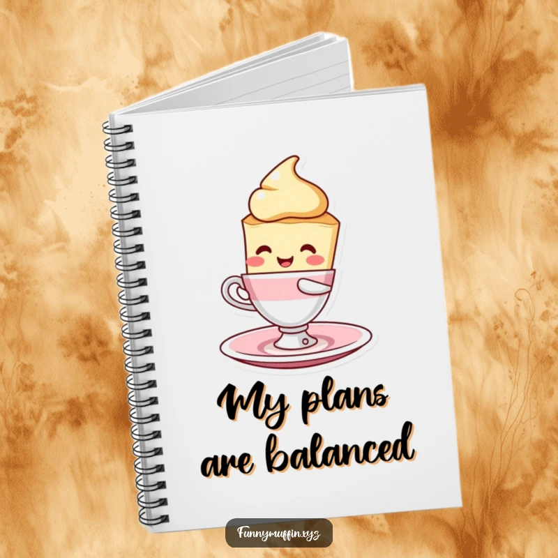 Funny scone character notebook cover, humorously balancing a teacup and saucer, inspiring sweet and funny thoughts.