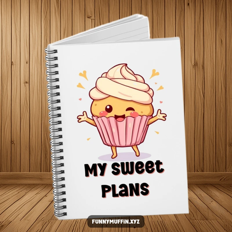Funny Notebook featuring a happy muffin character dancing with frosting swirls, ideal for capturing sweet thoughts and creative ideas.