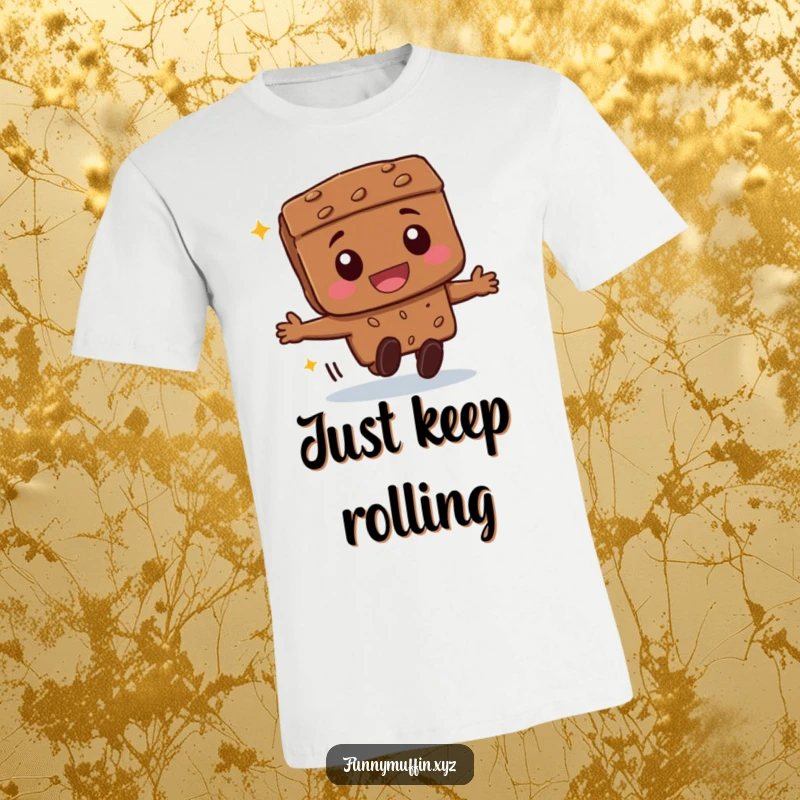 Funny beaming brownie character t-shirt, gleefully rolling forward with an infectious smile, perfect for casual wear.