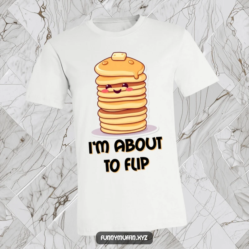 Funny t-shirt showcasing a smiling pancake character stacked high, tipping precariously, representing playful imbalance.