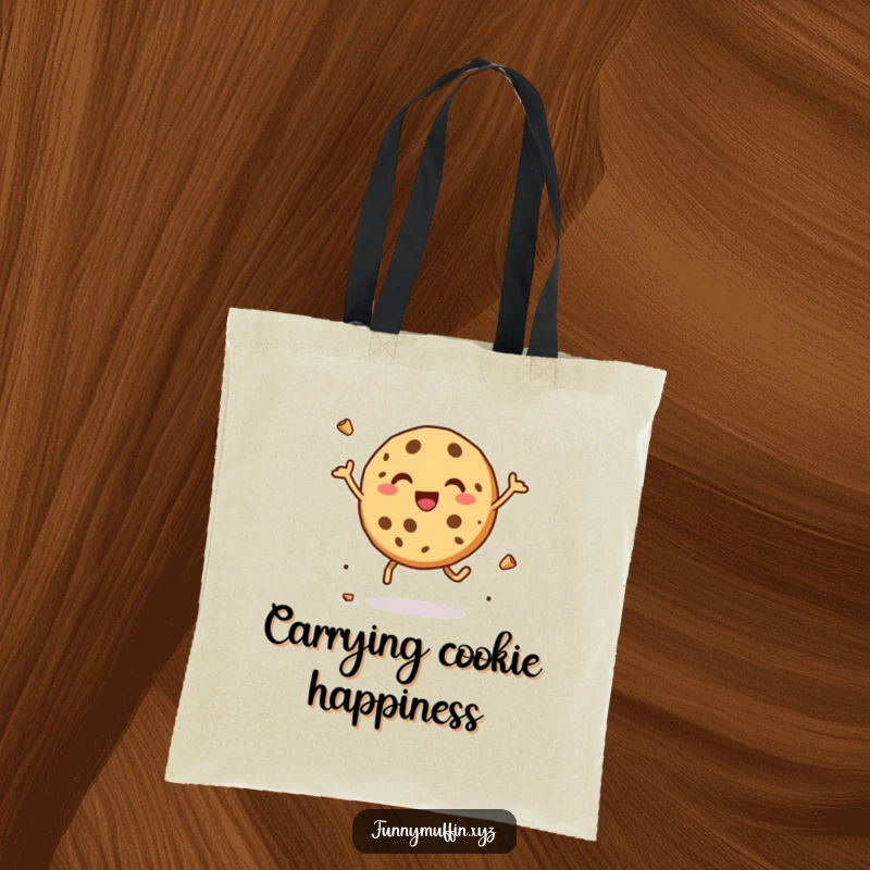 Funny tote bag with a delighted cookie character leaping with joy, crumbs flying, great for carrying essentials with happiness.