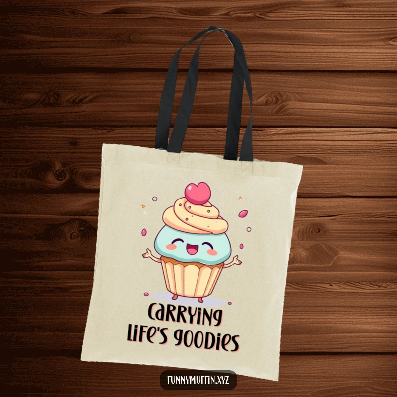 Funny Tote Bag with a giggling cupcake character juggling tiny candy sprinkles, perfect for carrying treats with a dose of sweet, playful fun.