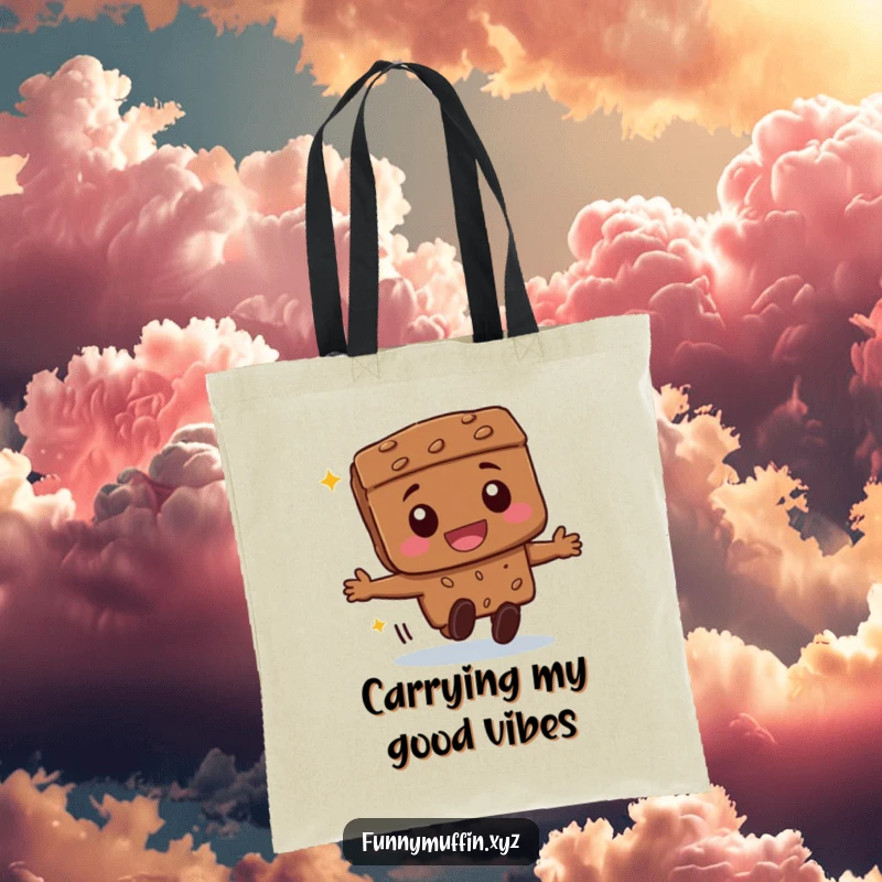 Funny beaming brownie character tote bag, gleefully rolling forward, perfect for carrying essentials with a smile.