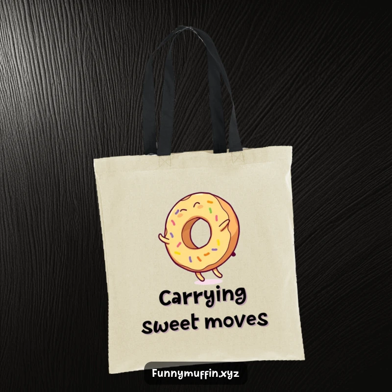 Funny tote bag with a giggling donut character doing a cartwheel, colorful icing flying, great for errands and smiles.