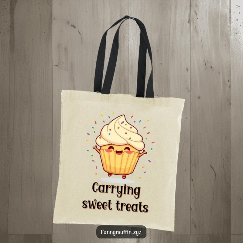 Funny tote bag displaying a cheerful muffin character spinning with sprinkles flying, perfect for carrying party essentials.