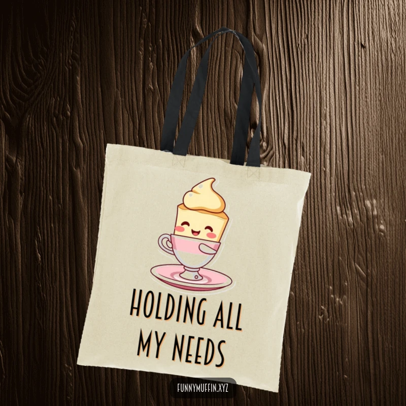 Funny scone character tote bag, skillfully balancing a teacup and saucer, adding a touch of sweet humor to your errands.